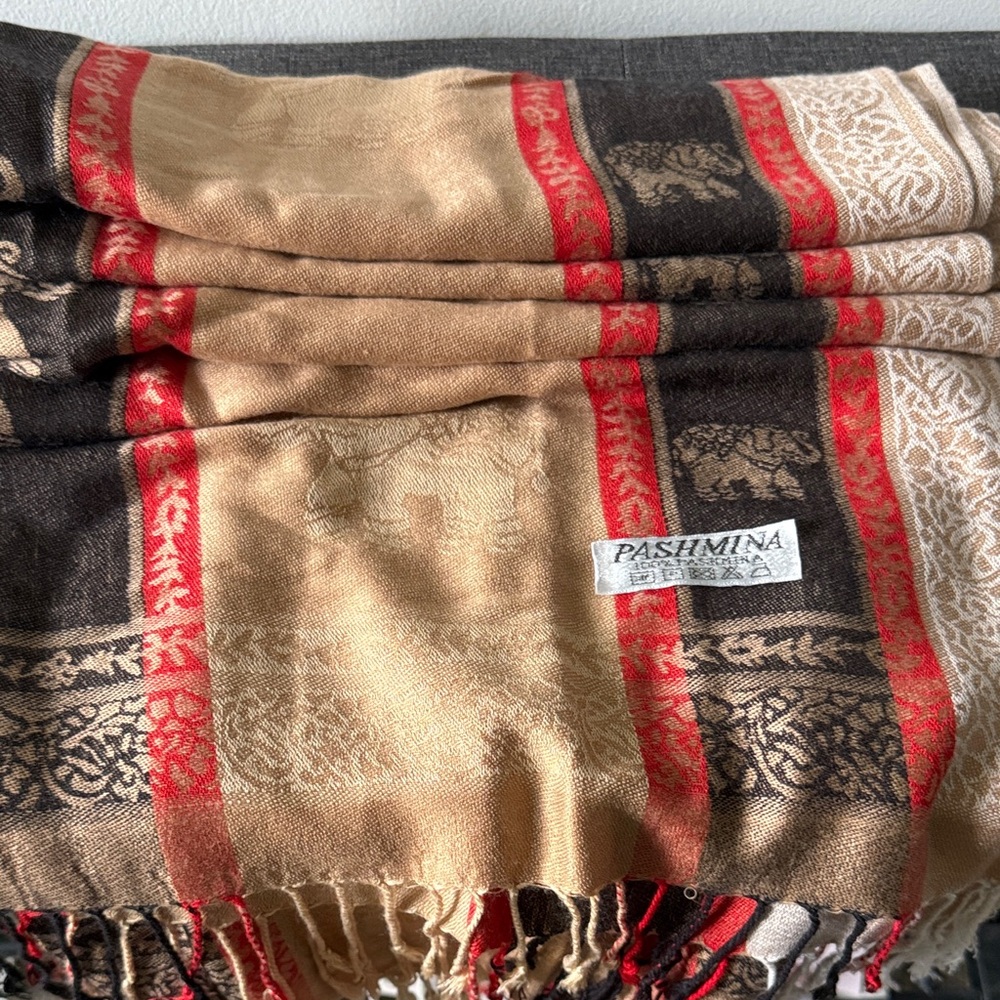 Pashmina Black and Gold Scarf with Red Accents
